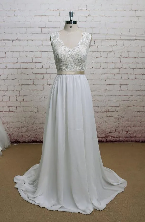 Backless V Neck Cap Sleeve Lace Simple Cheap Beach Wedding Dresses, WDY0192