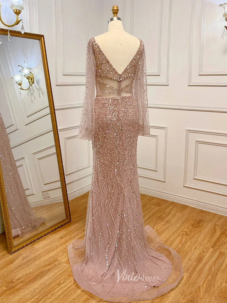 Beaded Green 1920s Evening Dresses Long Sleeve Pink Prom Dress 20046