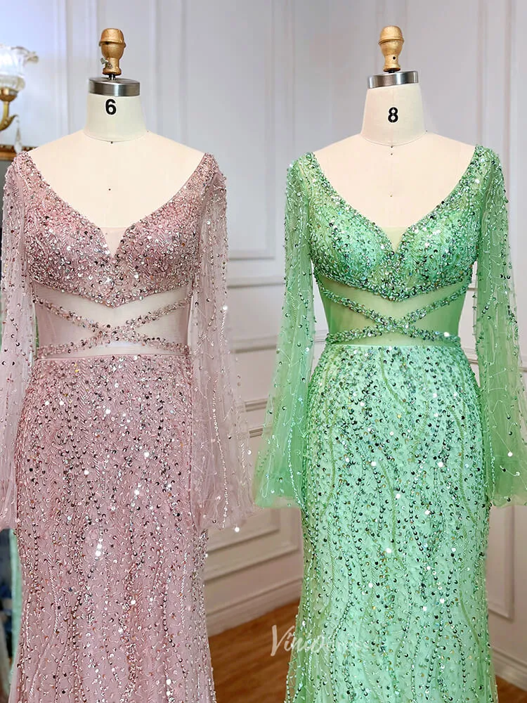 Beaded Green 1920s Evening Dresses Long Sleeve Pink Prom Dress 20046