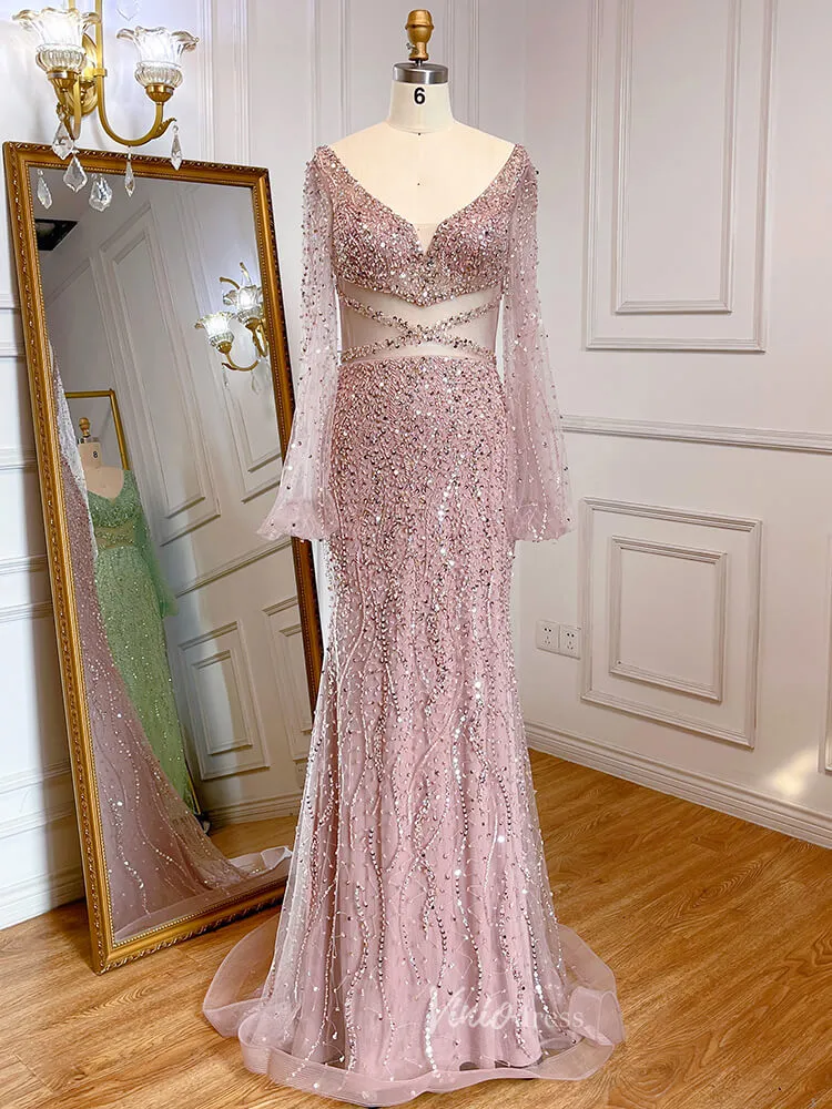 Beaded Green 1920s Evening Dresses Long Sleeve Pink Prom Dress 20046