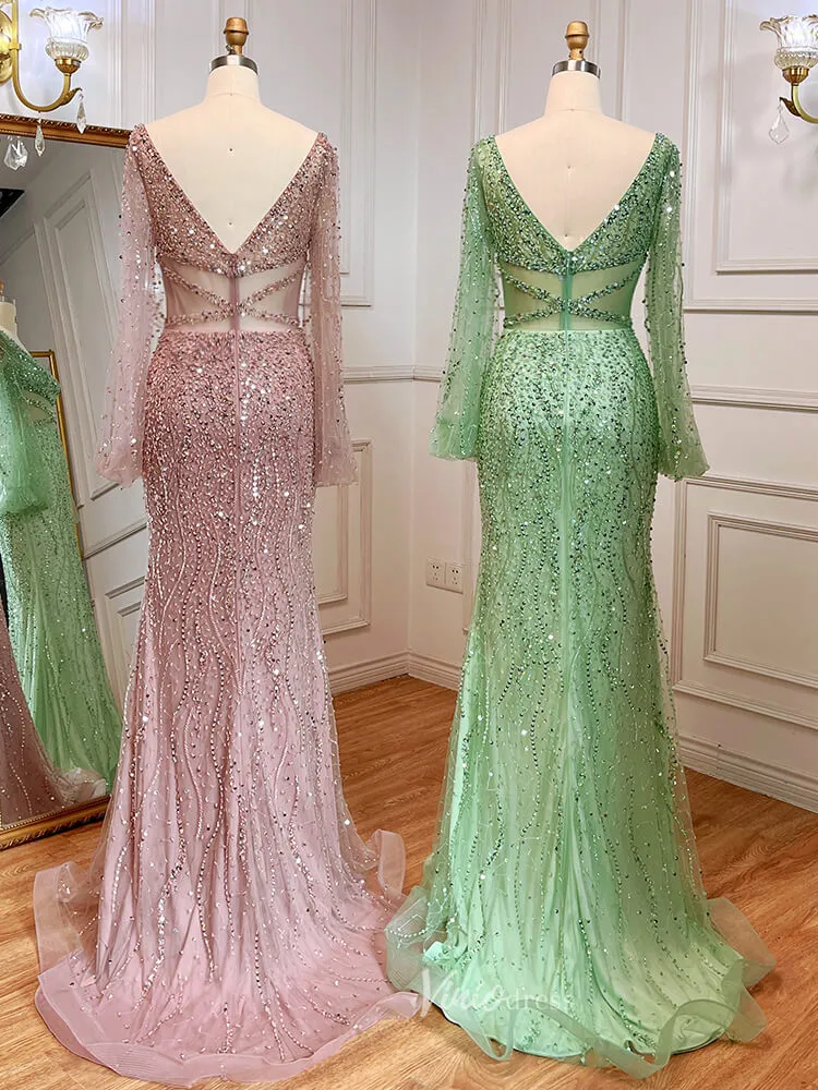 Beaded Green 1920s Evening Dresses Long Sleeve Pink Prom Dress 20046