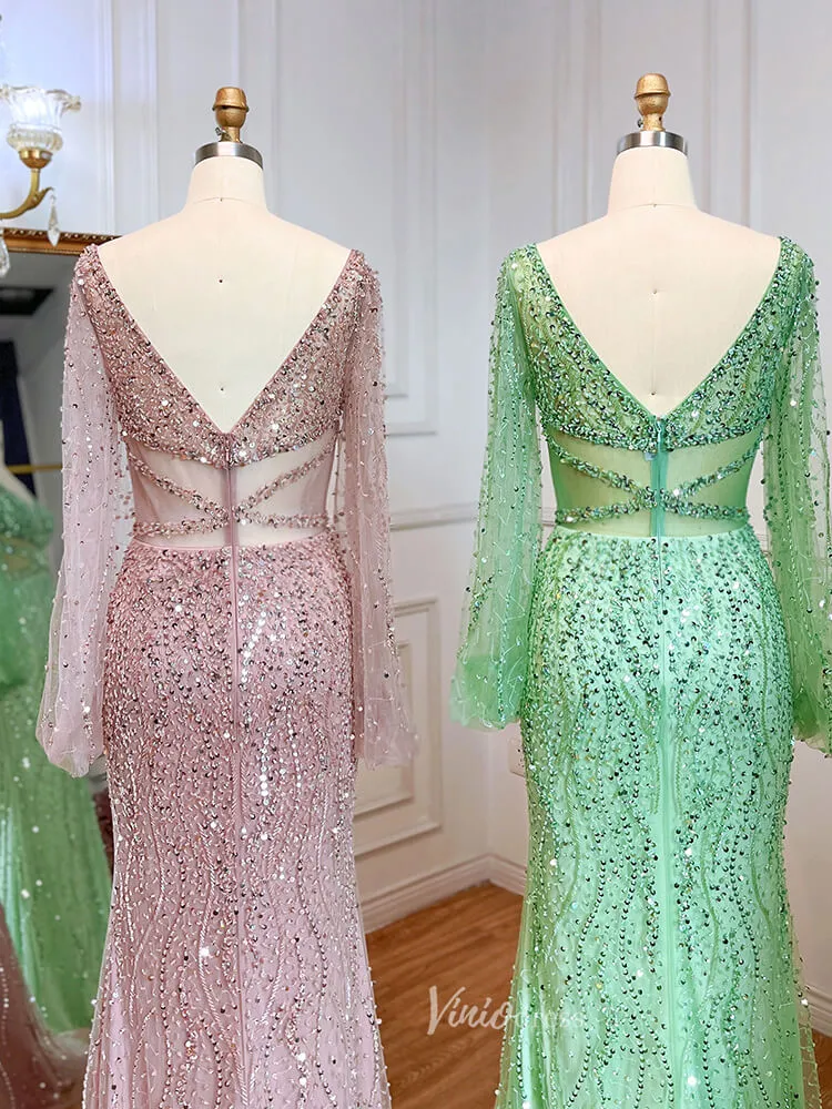 Beaded Green 1920s Evening Dresses Long Sleeve Pink Prom Dress 20046