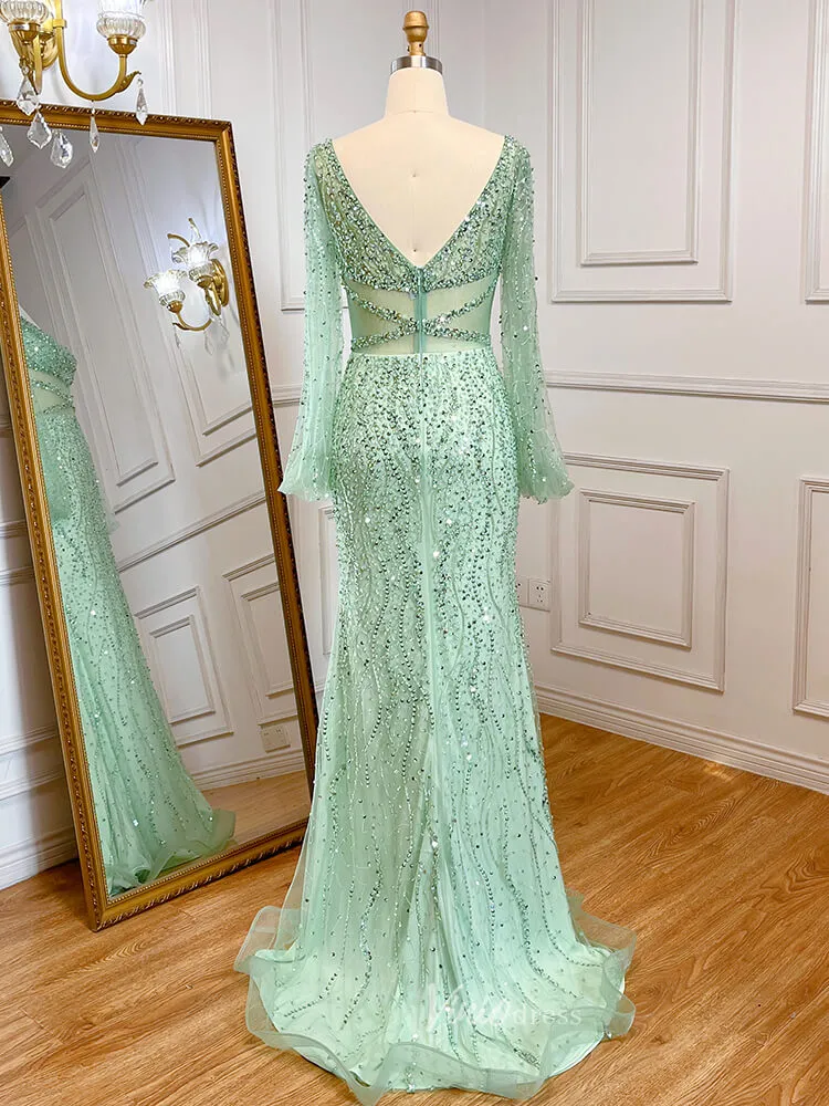 Beaded Green 1920s Evening Dresses Long Sleeve Pink Prom Dress 20046