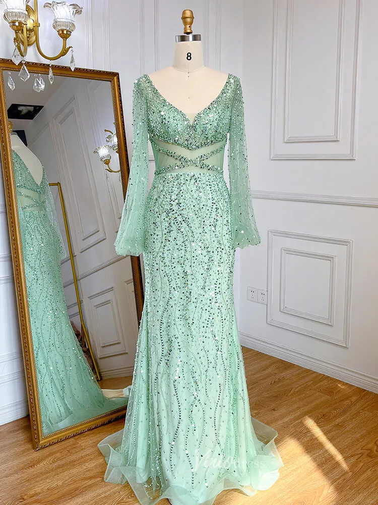 Beaded Green 1920s Evening Dresses Long Sleeve Pink Prom Dress 20046