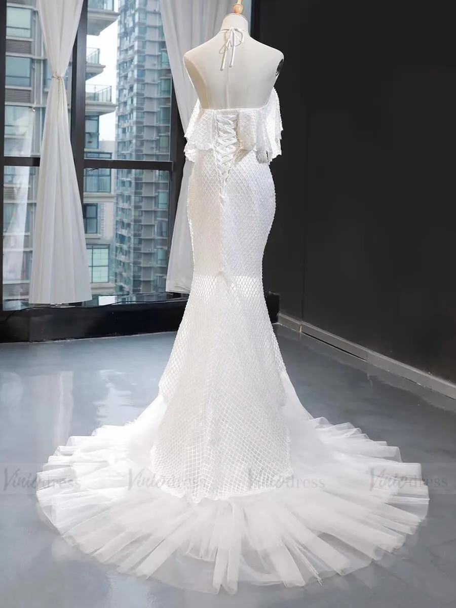 Beaded Lace Halter Boho Wedding Dresses High Low Mermaid Dress VW1383