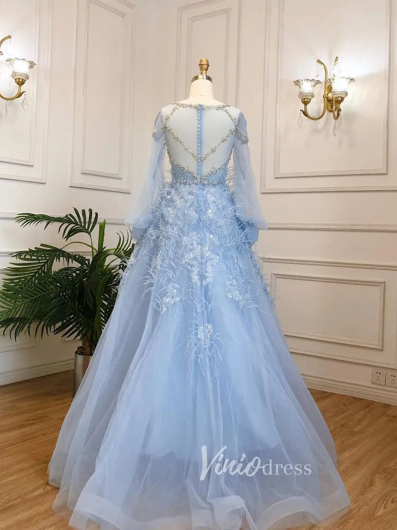 Beaded Light Blue Feather Prom Dresses Long Puff Sleeve Evening Dress 20035