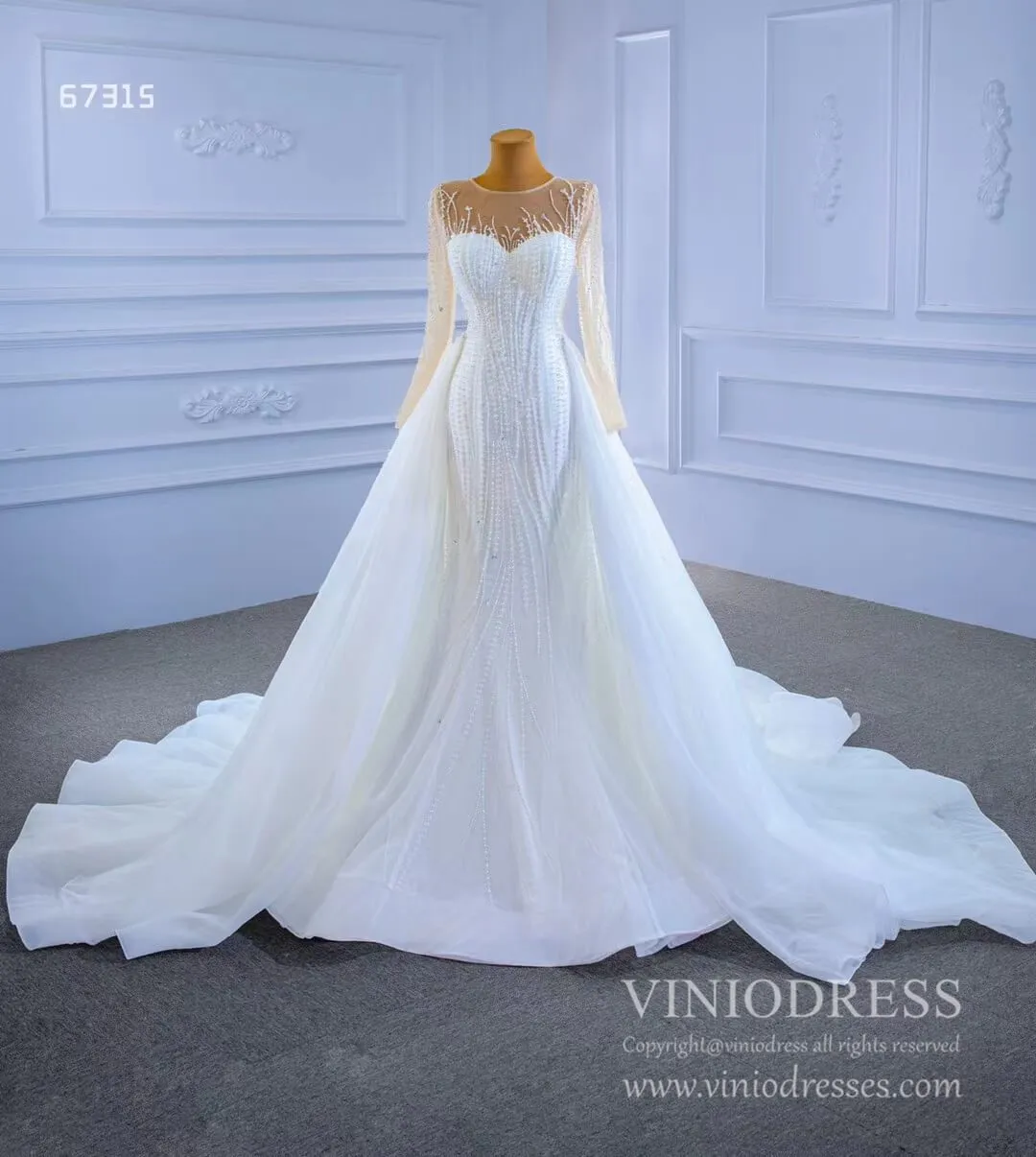 Beaded Mermaid Overskirt Wedding Dresses with Long Sleeves 67315