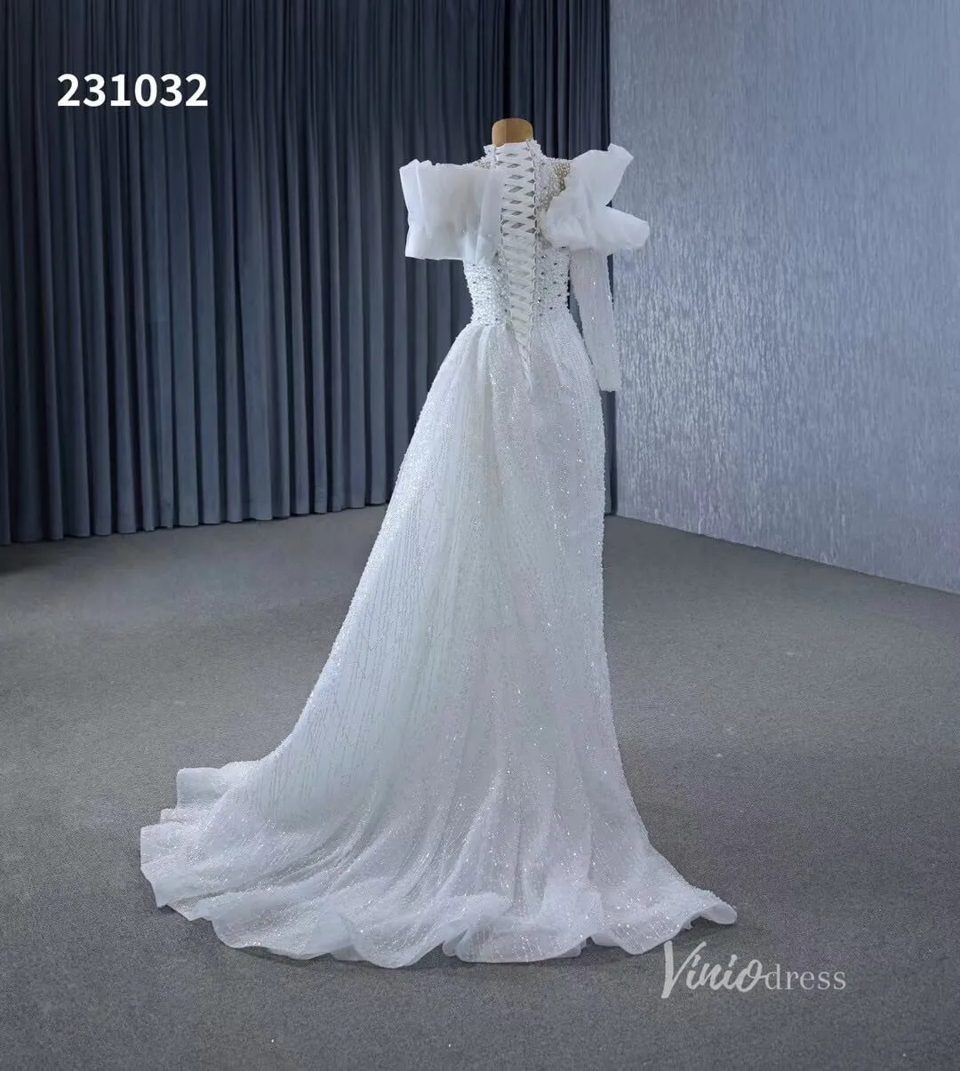 Beaded Pearl Wedding Dresses Side Skirt High Neck Long Sleeve Bridal Gown 231032