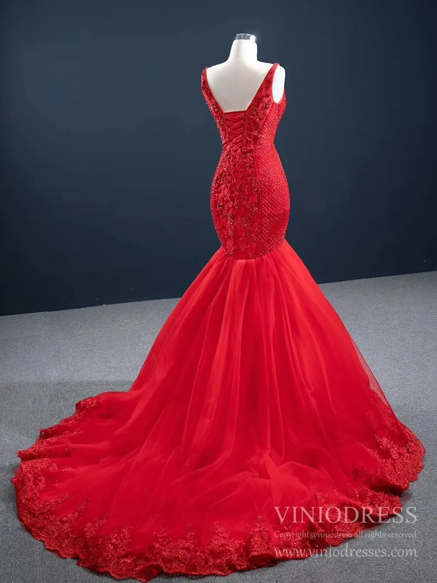 Beaded Red Mermaid Prom Dresses Plunging V-neck Formal Dress 67151 viniodress