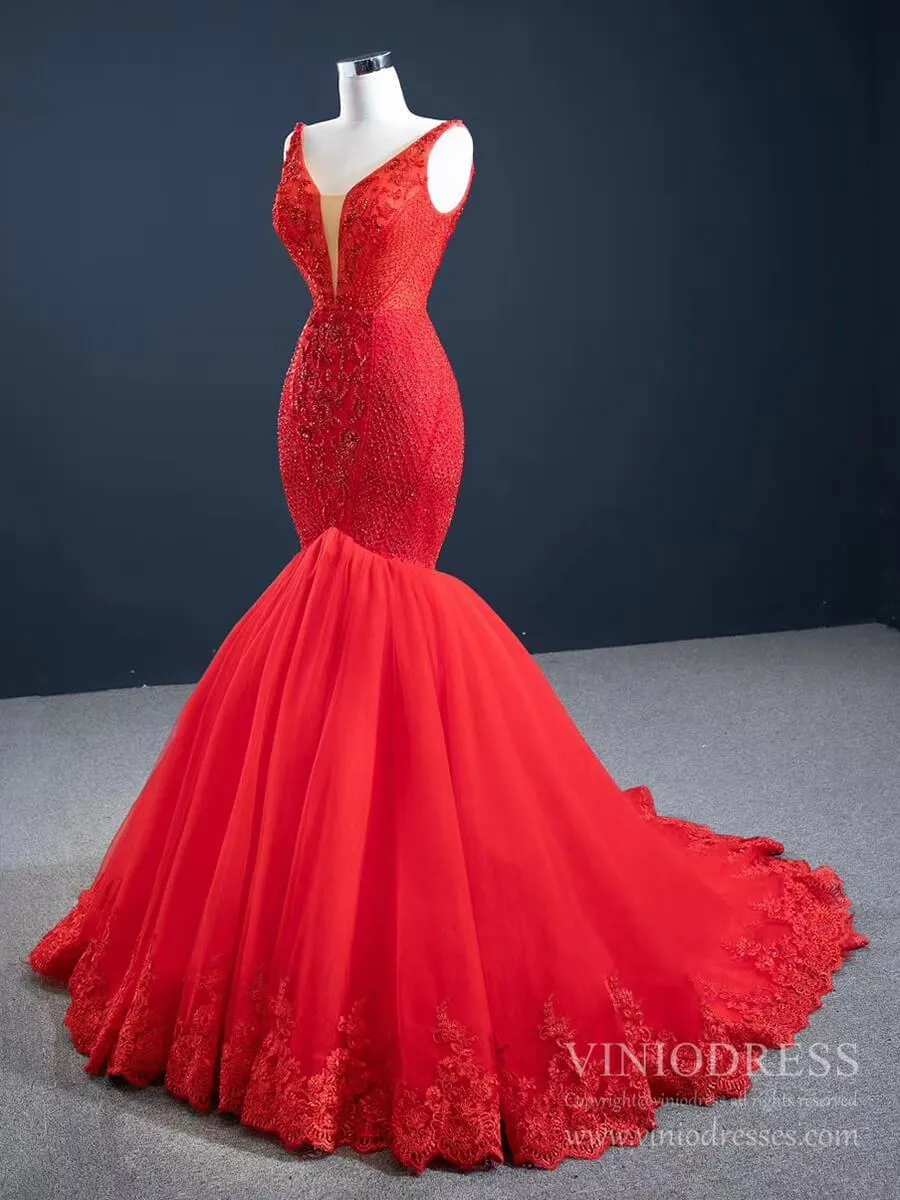 Beaded Red Mermaid Prom Dresses Plunging V-neck Formal Dress 67151 viniodress