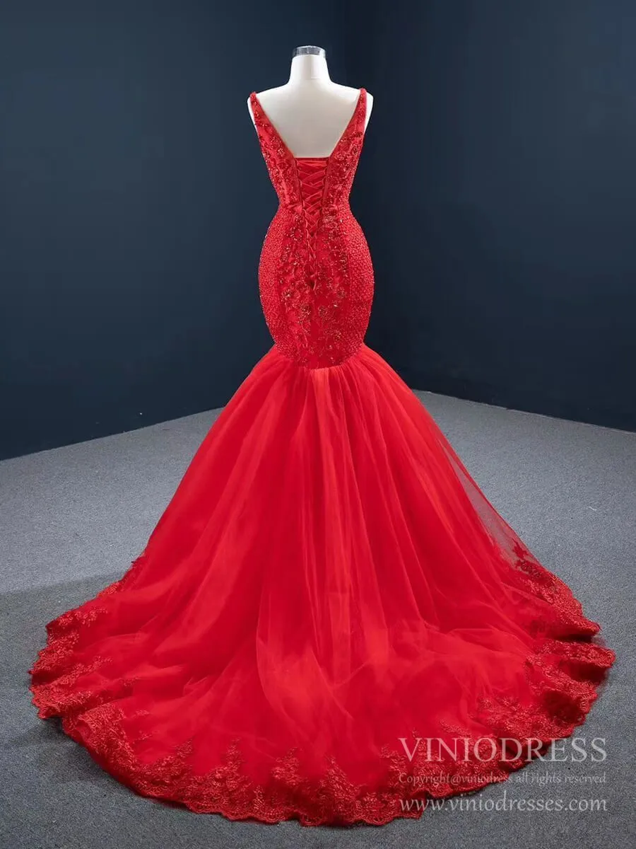 Beaded Red Mermaid Prom Dresses Plunging V-neck Formal Dress 67151 viniodress