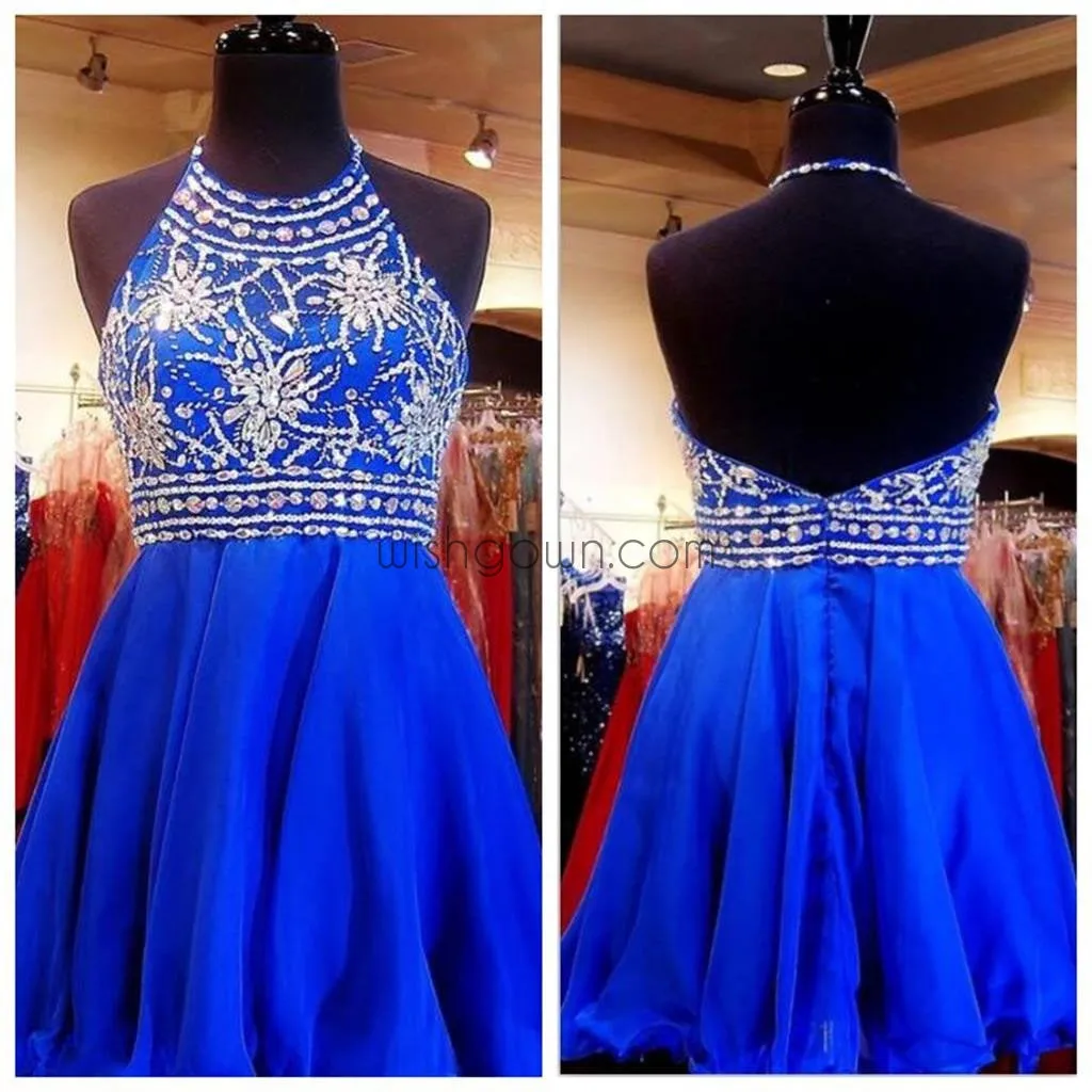 Beaded Royal Blue Short Halter Cute Sweet 16 Cocktail Graduation Homecoming Dress, PD0004