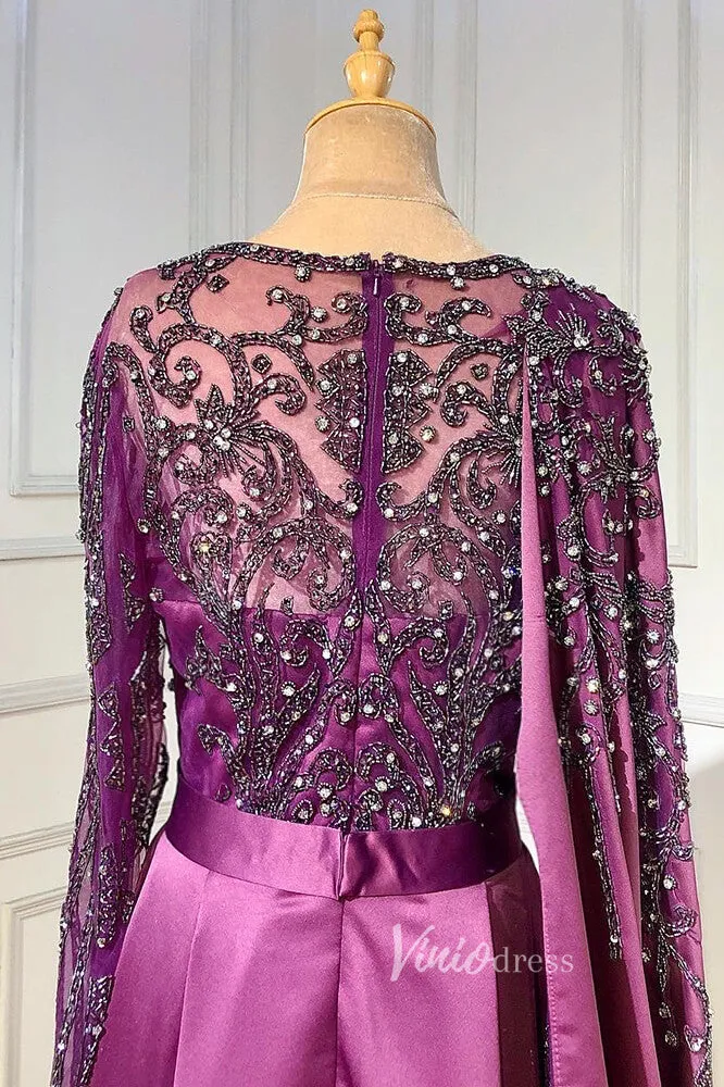 Beaded Satin Purple Evening Dresses Long Sleeve Pageant Dress FD3000