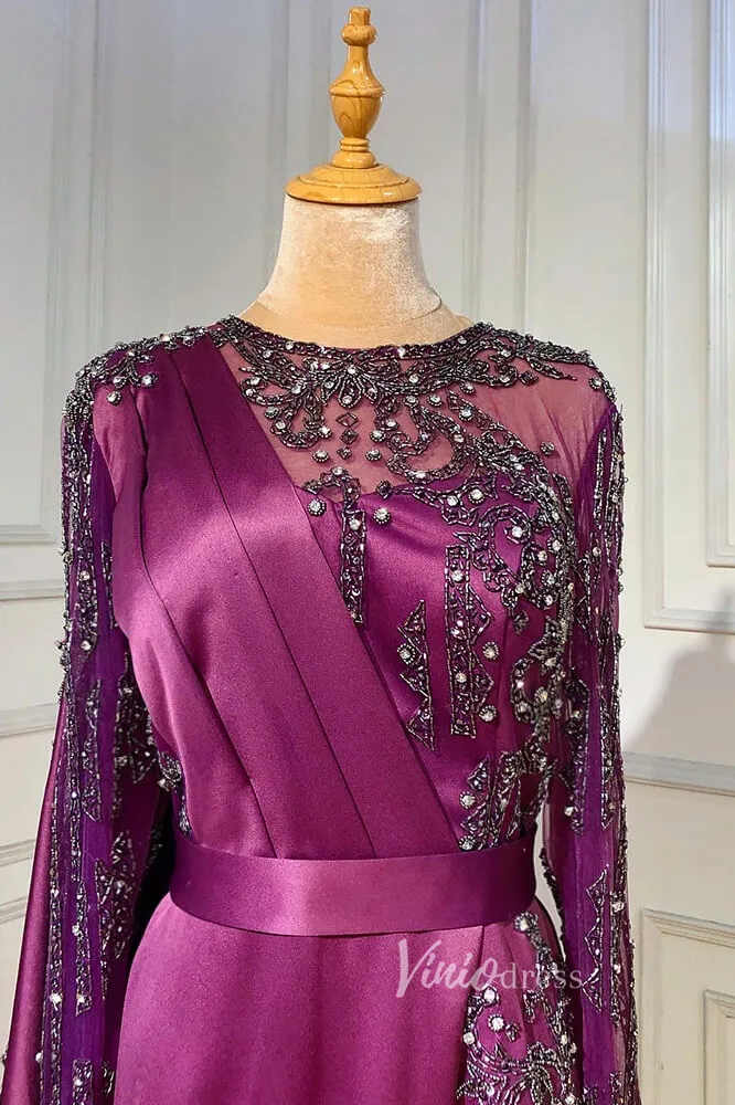 Beaded Satin Purple Evening Dresses Long Sleeve Pageant Dress FD3000