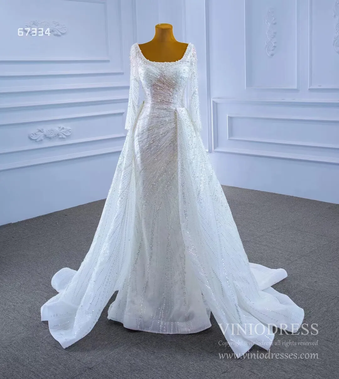 Beaded Sheath Wedding Dress with Removable Overskirt Viniodress