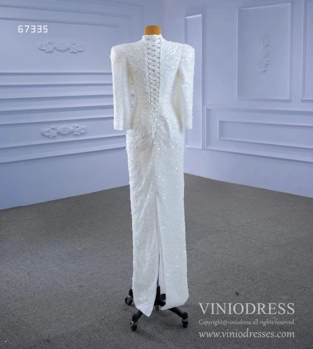 Beaded Vintage High Neck Sheath Wedding Dresses with Long Sleeves 67335