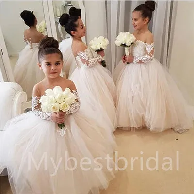 BeautifuI Off shoulder Long sleeve A Line Flower Girl Dresses, FGS0035