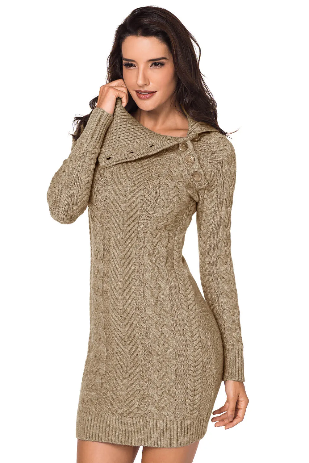 Beige Asymmetric Collared Sweater Dress