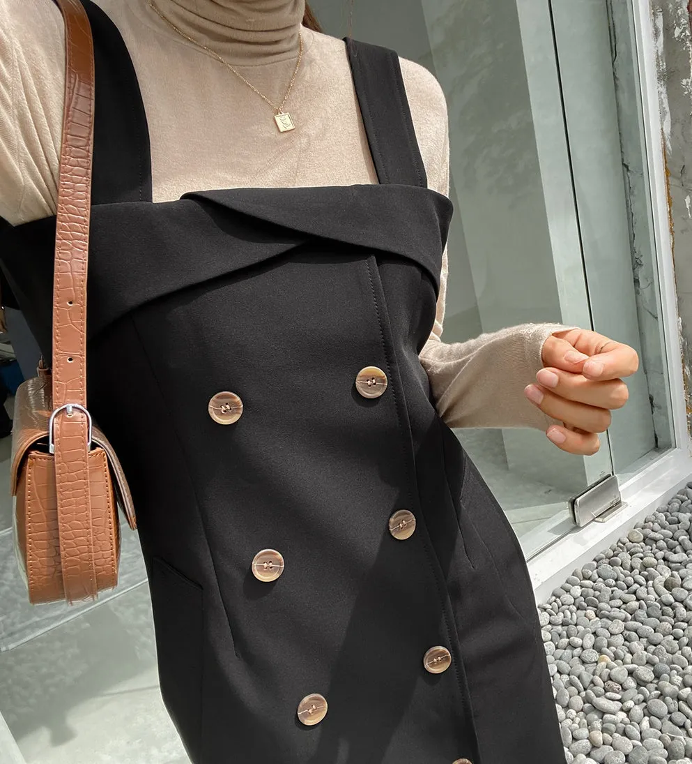 Beige Black Suspenders Classic Double Breasted Trench Dresses For Womens Sleeveless Pencil Fitted Korean Drama Fashion Style Clothes Outfits