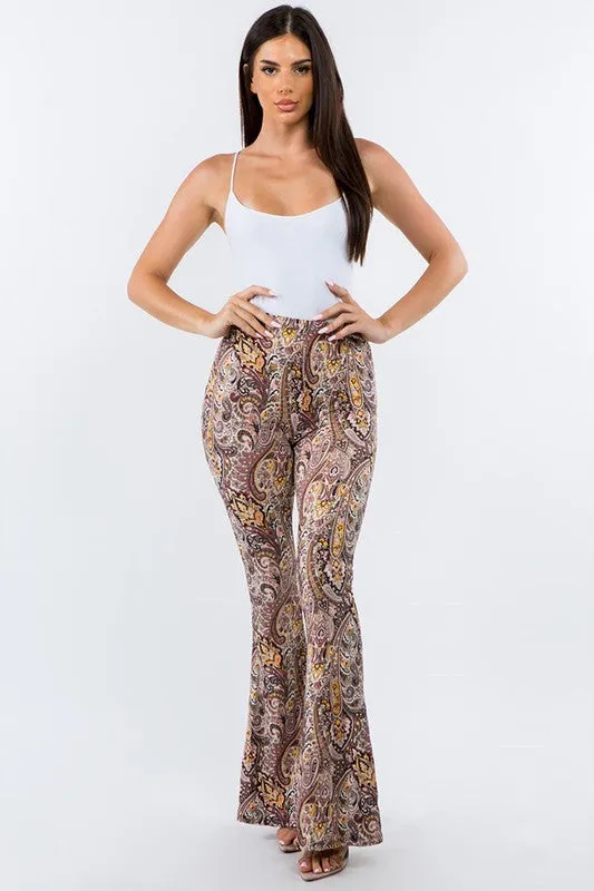 Beige Paisley Print Bell Bottom Leggings