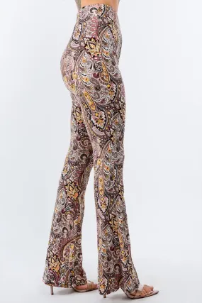 Beige Paisley Print Bell Bottom Leggings