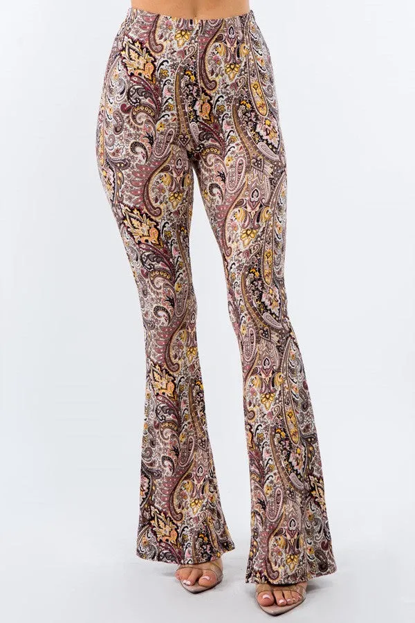 Beige Paisley Print Bell Bottom Leggings