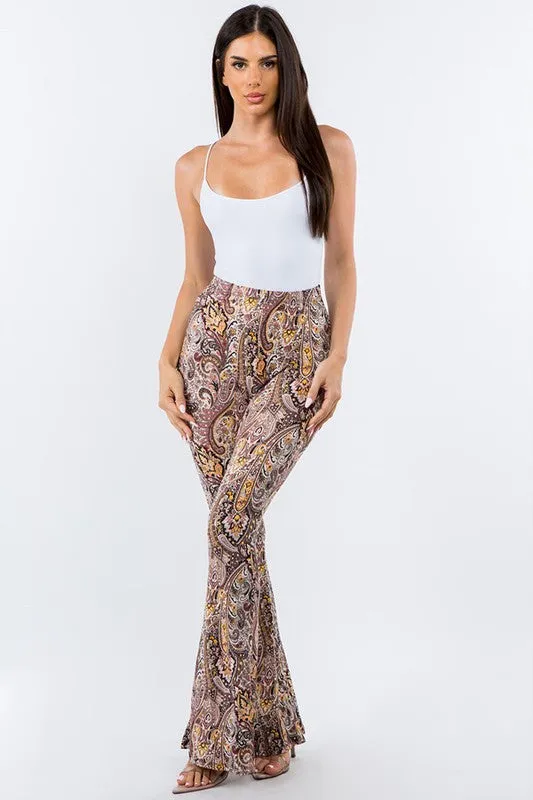 Beige Paisley Print Bell Bottom Leggings