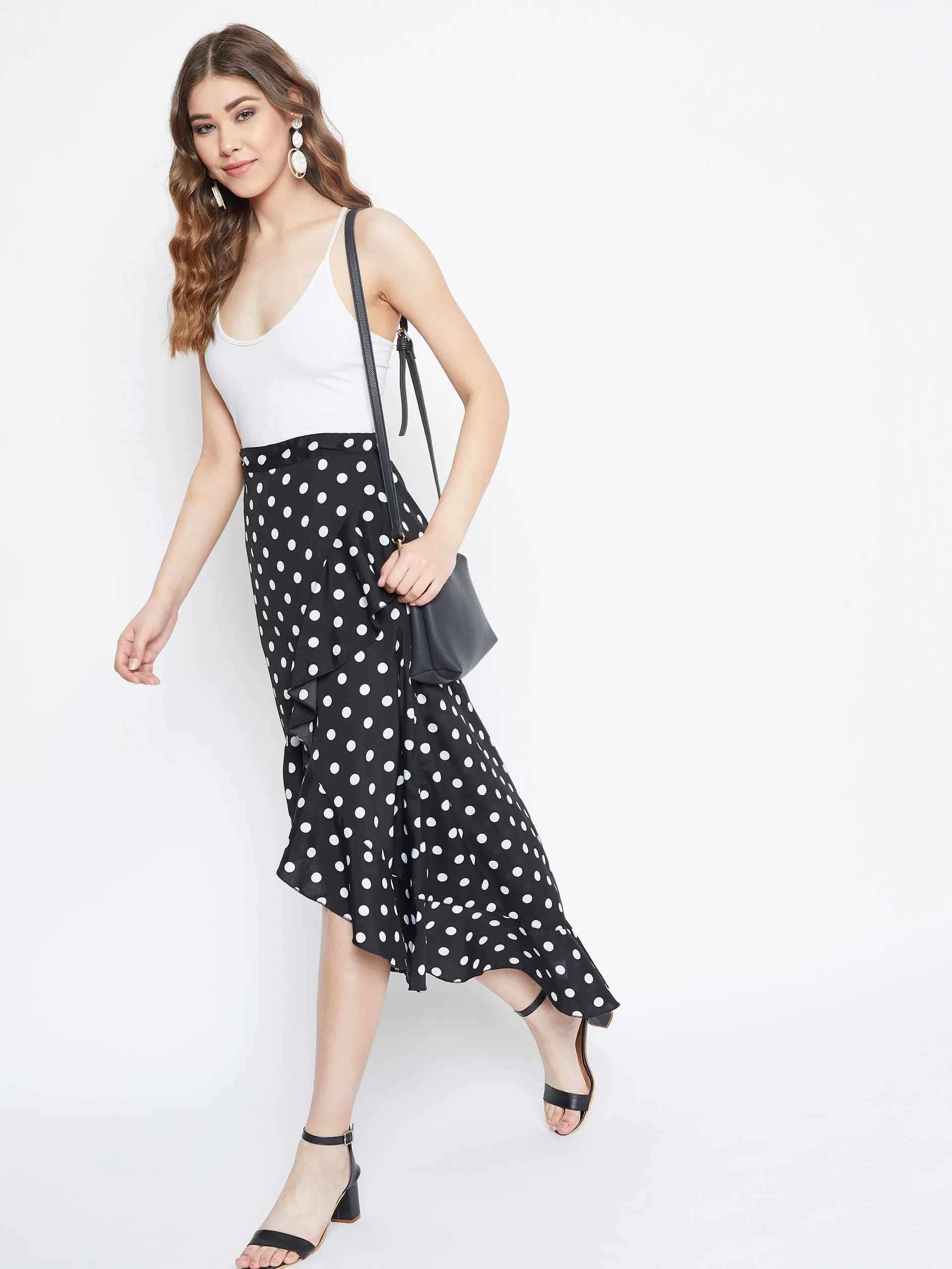 Berrylush Women Black Polka Dot Print Ruffled Wrap Midi Skirt