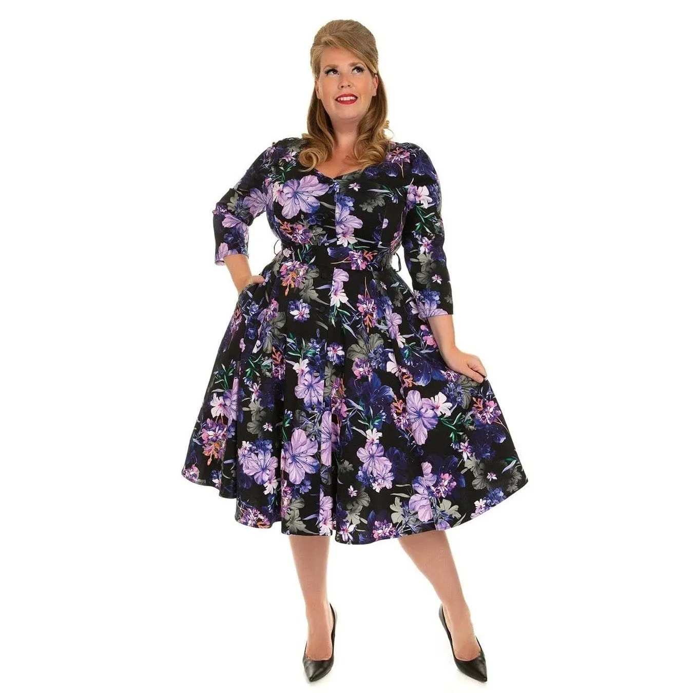 Black & Purple Floral Print 3/4 Sleeve 50s Swing Tea Dress