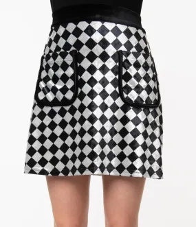 Black and Grey Checkerboard Velvet Say It Loud Mini Skirt