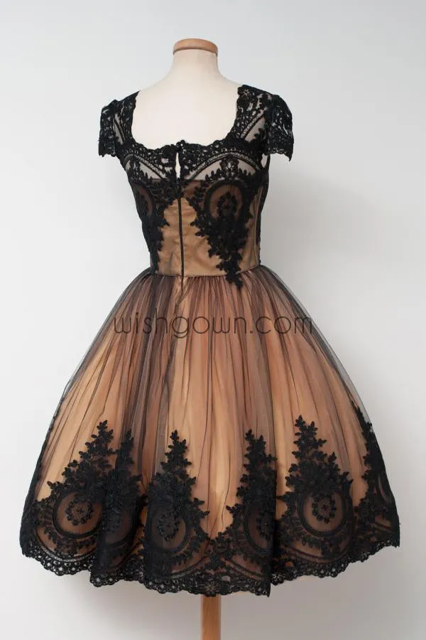 Black Applique Cap Sleeves Pretty Cheap Short Homecoming Dresses, WG806