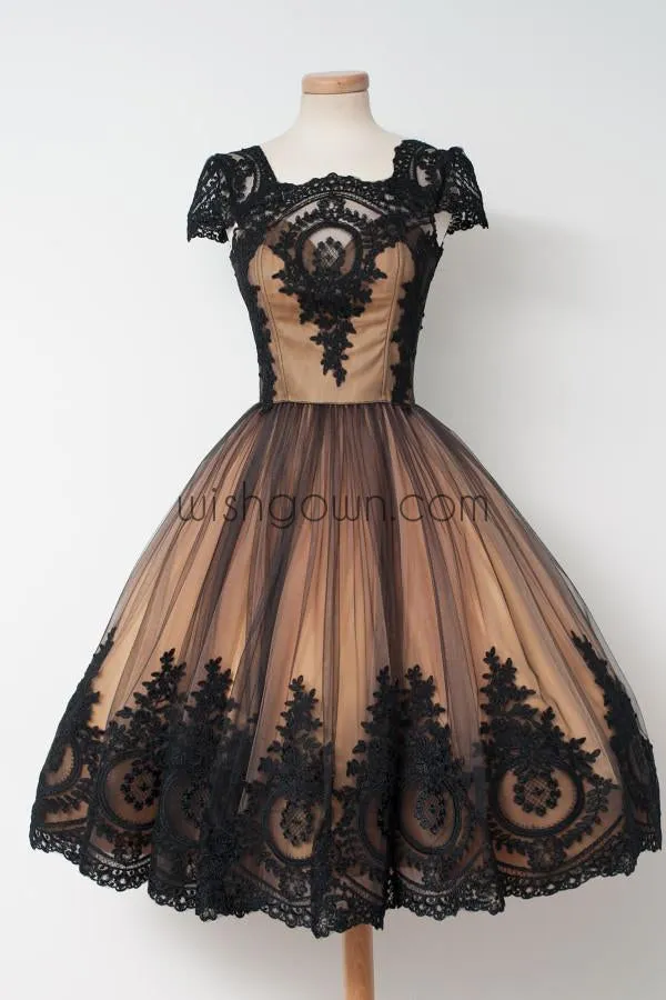 Black Applique Cap Sleeves Pretty Cheap Short Homecoming Dresses, WG806