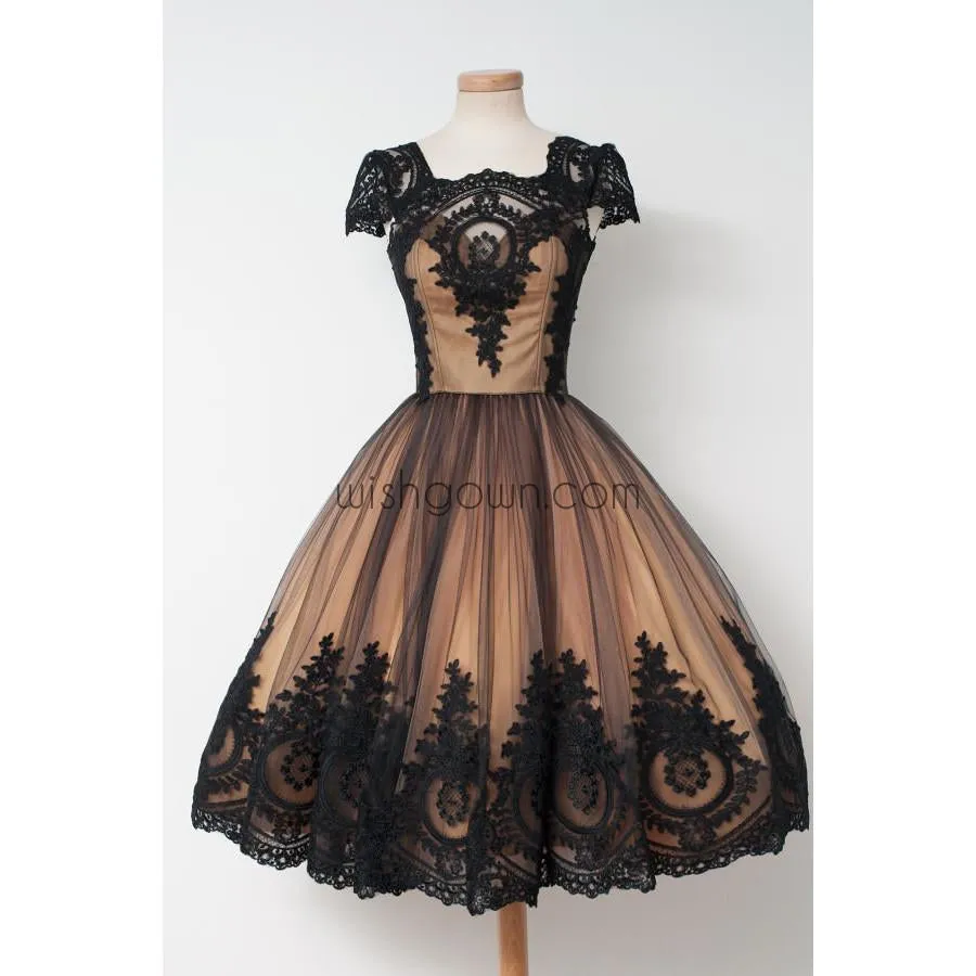 Black Applique Cap Sleeves Pretty Cheap Short Homecoming Dresses, WG806