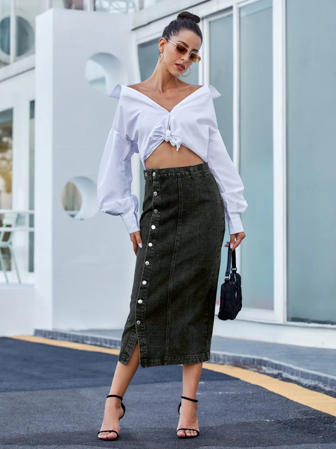 Black Button Down Denim Skirt