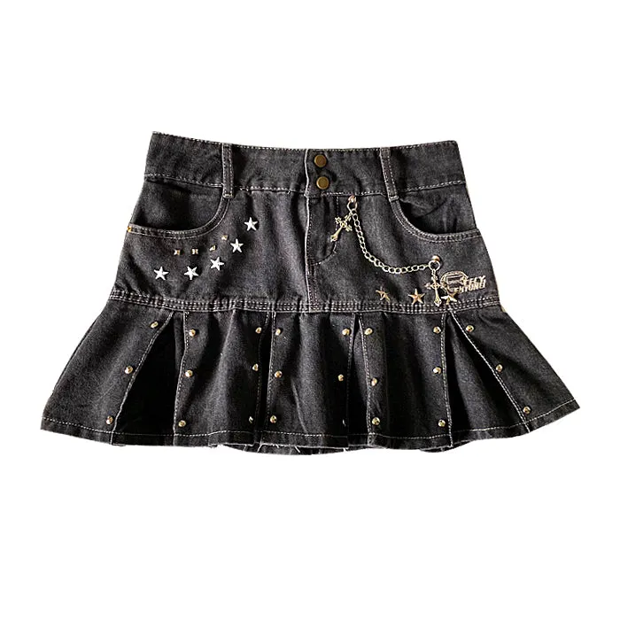 Black Denim Pleated Skirt  KF82861