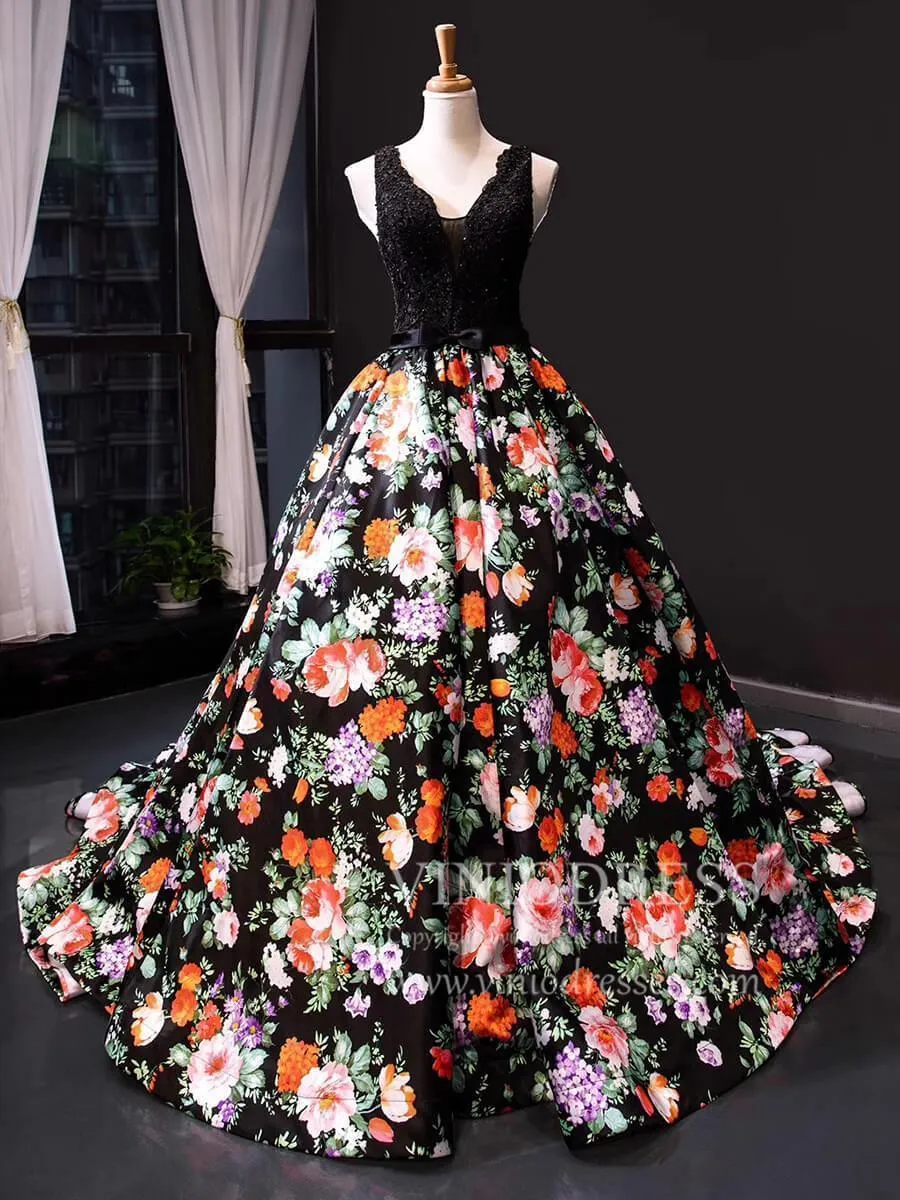 Black Floral Long Prom Dresses V Neck Beaded Princess Dress FD1158 viniodress