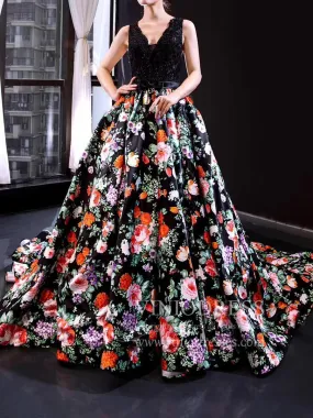 Black Floral Long Prom Dresses V Neck Beaded Princess Dress FD1158 viniodress