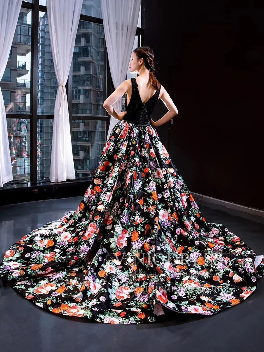 Black Floral Long Prom Dresses V Neck Beaded Princess Dress FD1158 viniodress