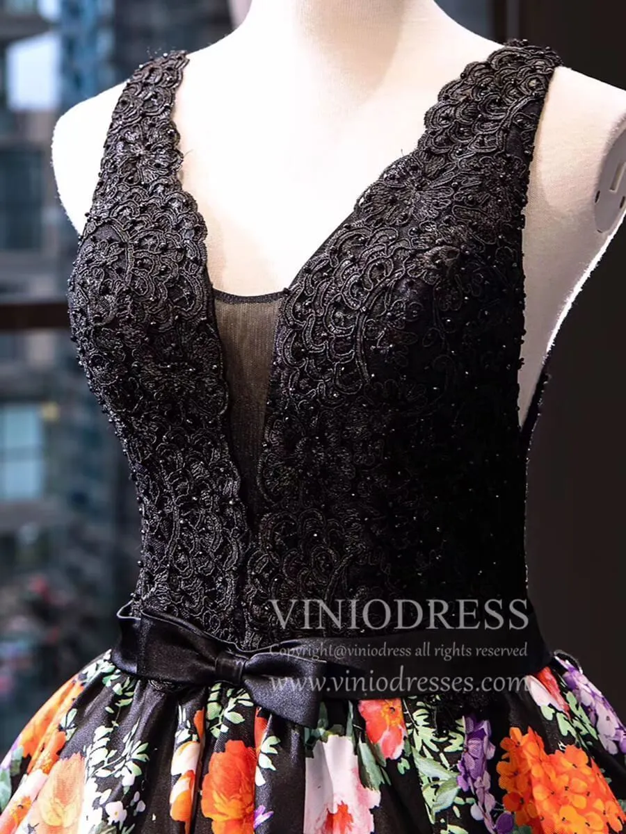 Black Floral Long Prom Dresses V Neck Beaded Princess Dress FD1158 viniodress