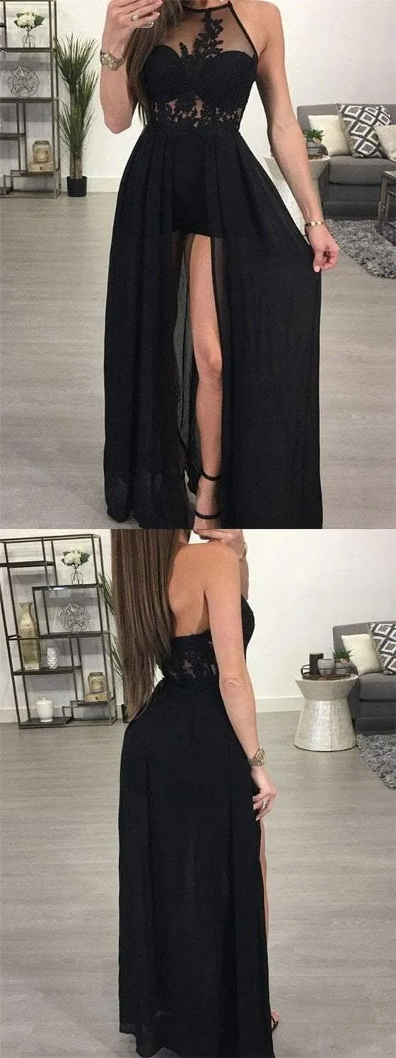 Black Halter Prom Dresses, Side Slit Prom Dresses, Appliques Prom Dresses, Prom Dresses, BG0401