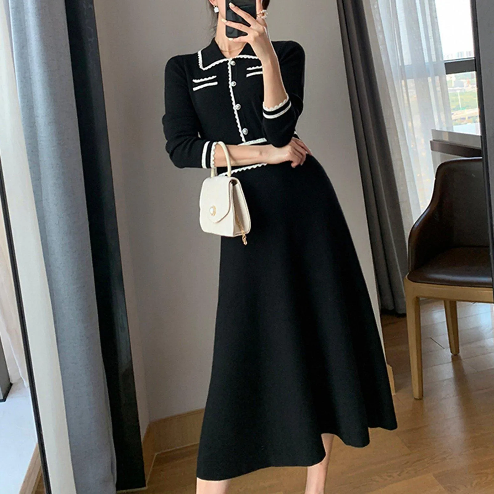 Black Knit Long Sleeve Midi Dress