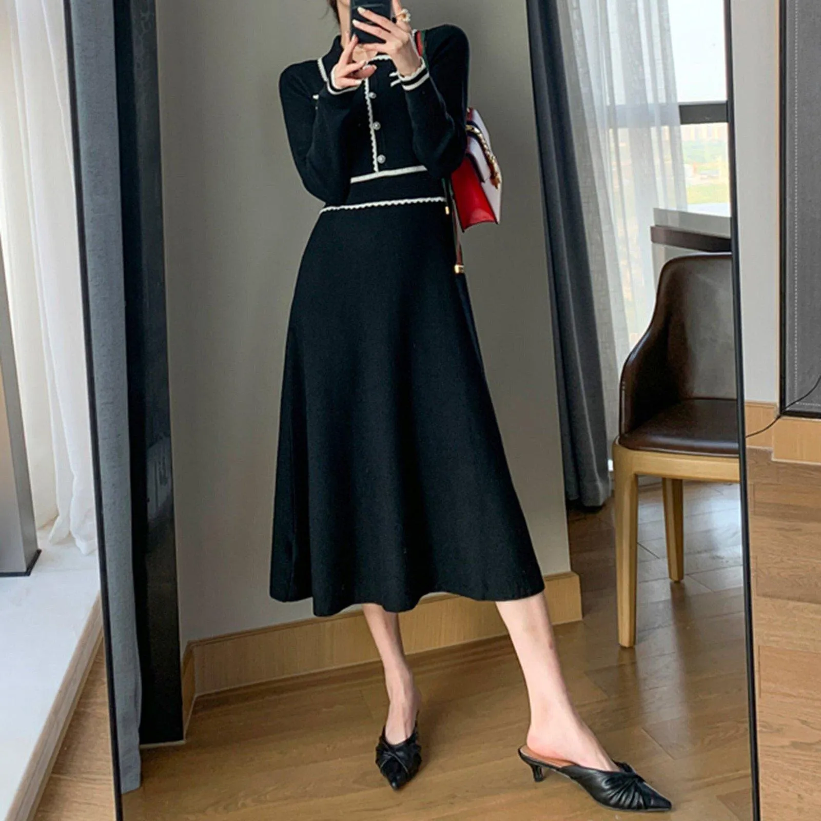 Black Knit Long Sleeve Midi Dress