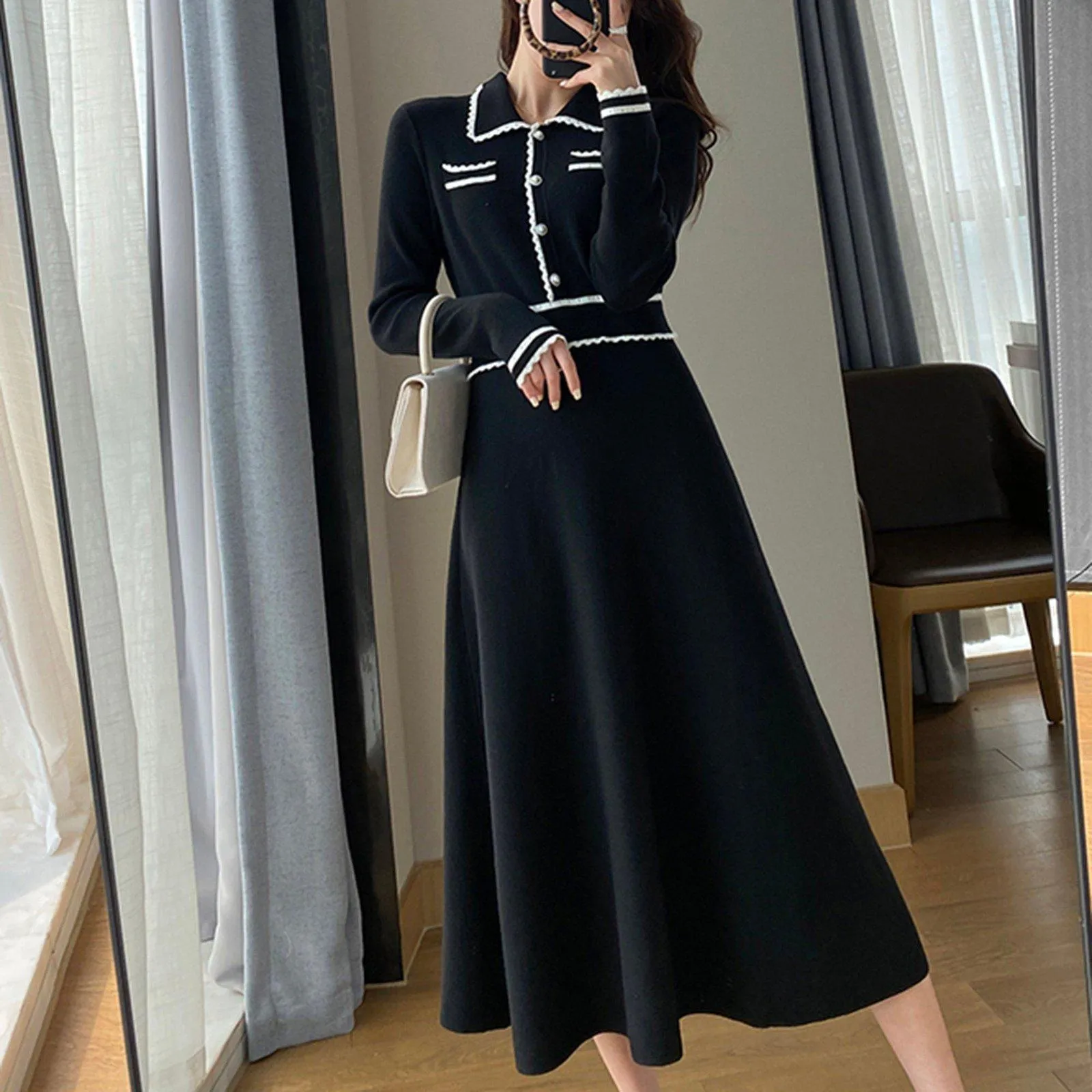 Black Knit Long Sleeve Midi Dress