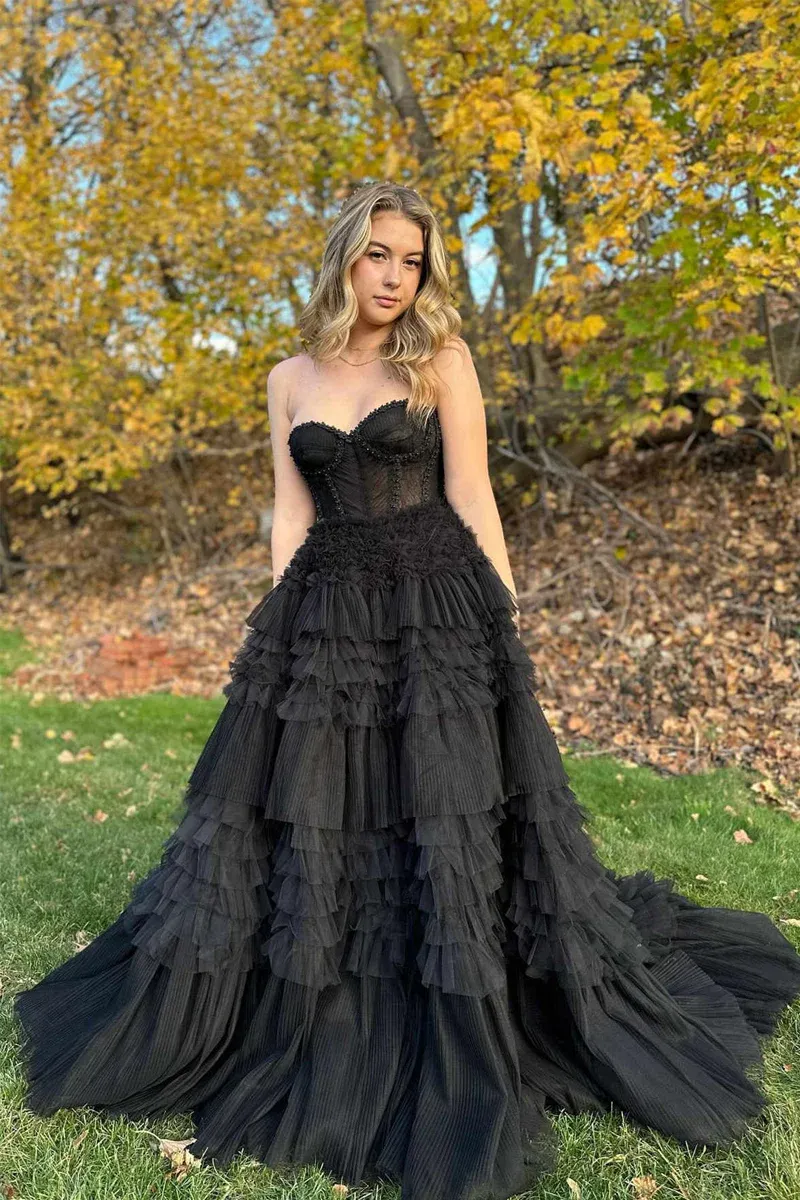 Black Long Sweetheart Tiered Tulle Prom Dresses,BD93188