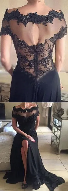 Black Off the Shoulder Short Sleeves Split Long Lace Prom Dresses, WG720