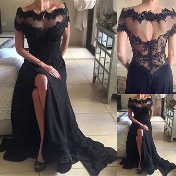 Black Off the Shoulder Short Sleeves Split Long Lace Prom Dresses, WG720