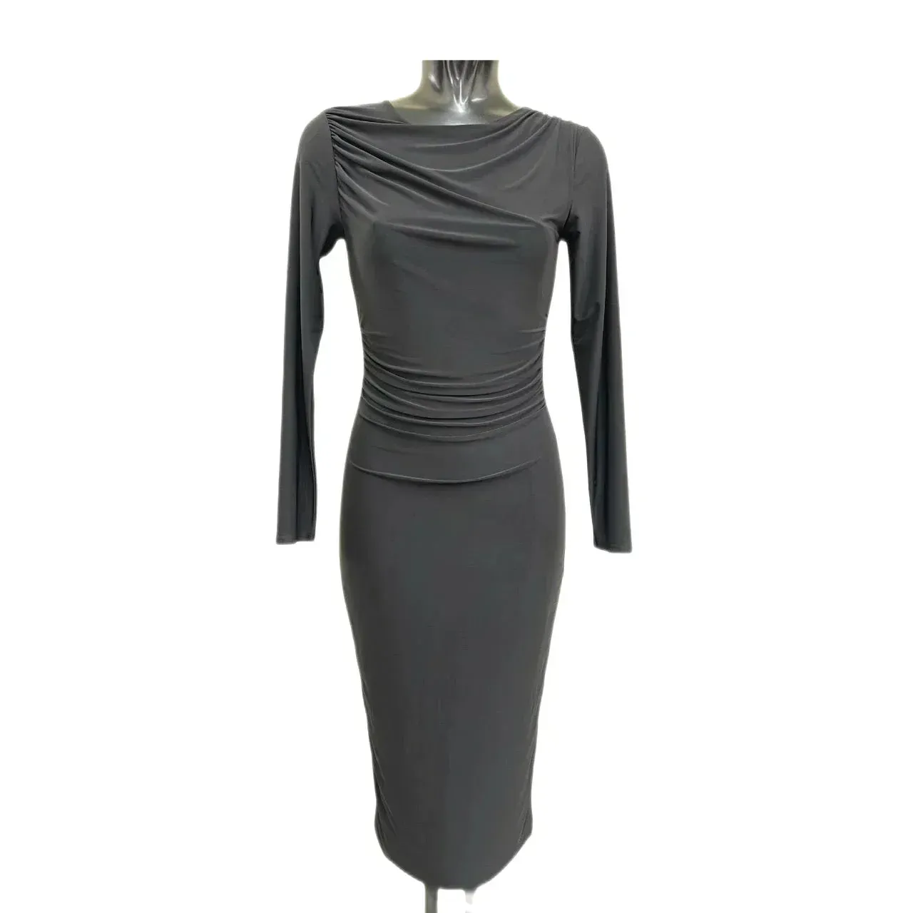 Black Pleated Long Sleeve Slinky Cocktail Wiggle Dress