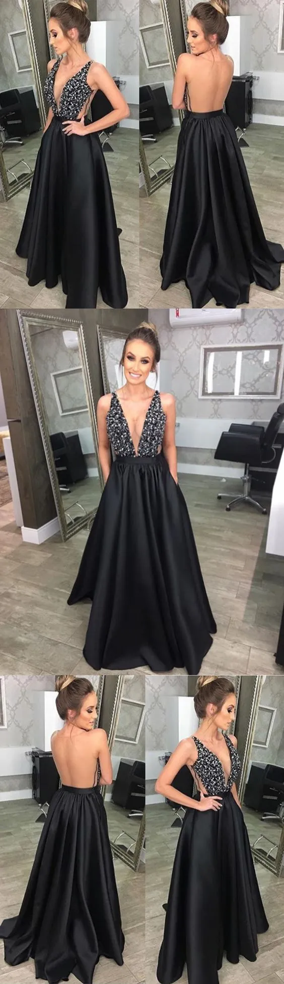 Black Sexy Seen Through Back Cheap Long Evening Prom Dresses, WG1015