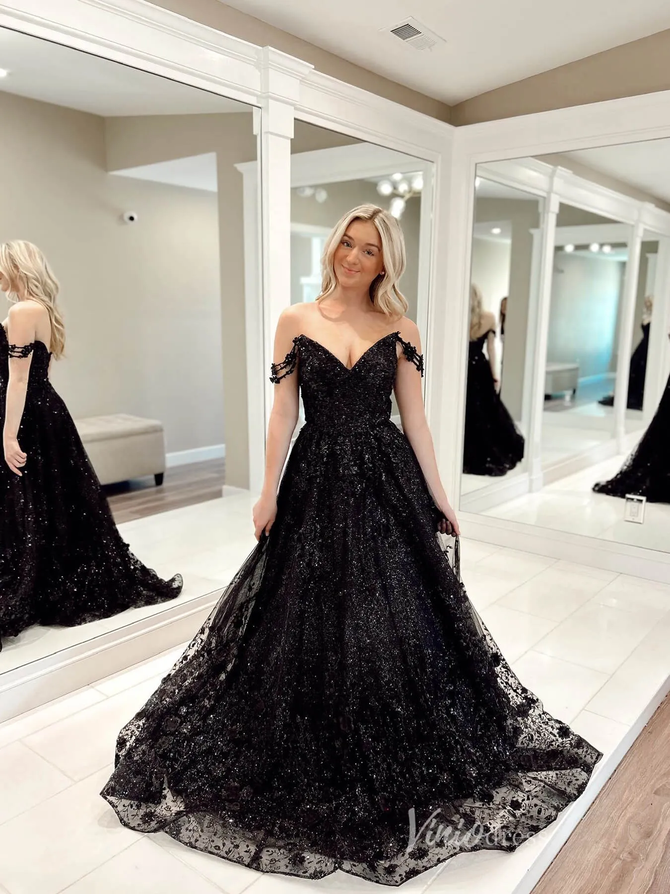 Black Sparkly Lace Prom Dresses Off the Shouder Formal Gown FD3972