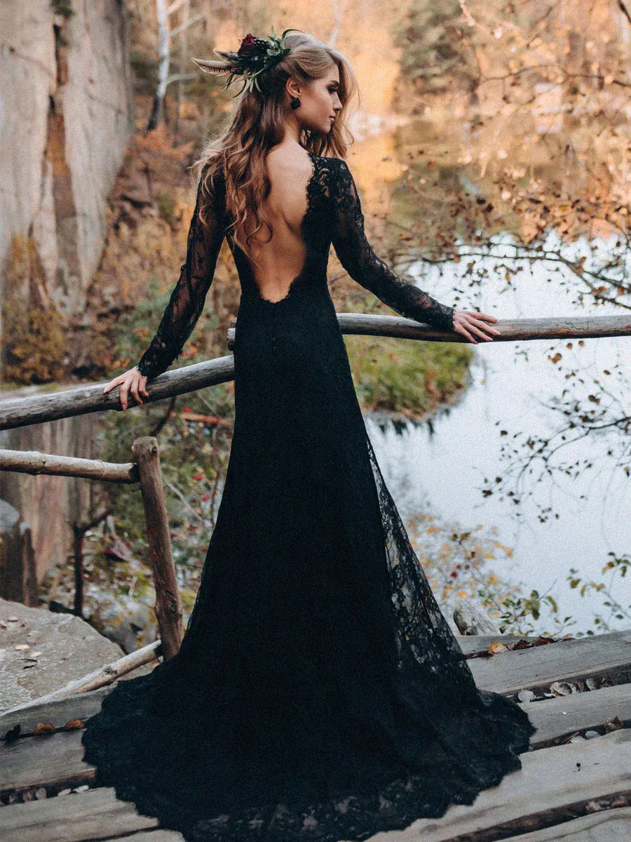 Black Sweetheart Long Sleeves prom dresses,Lace Backless Wedding Dresses,BD930833